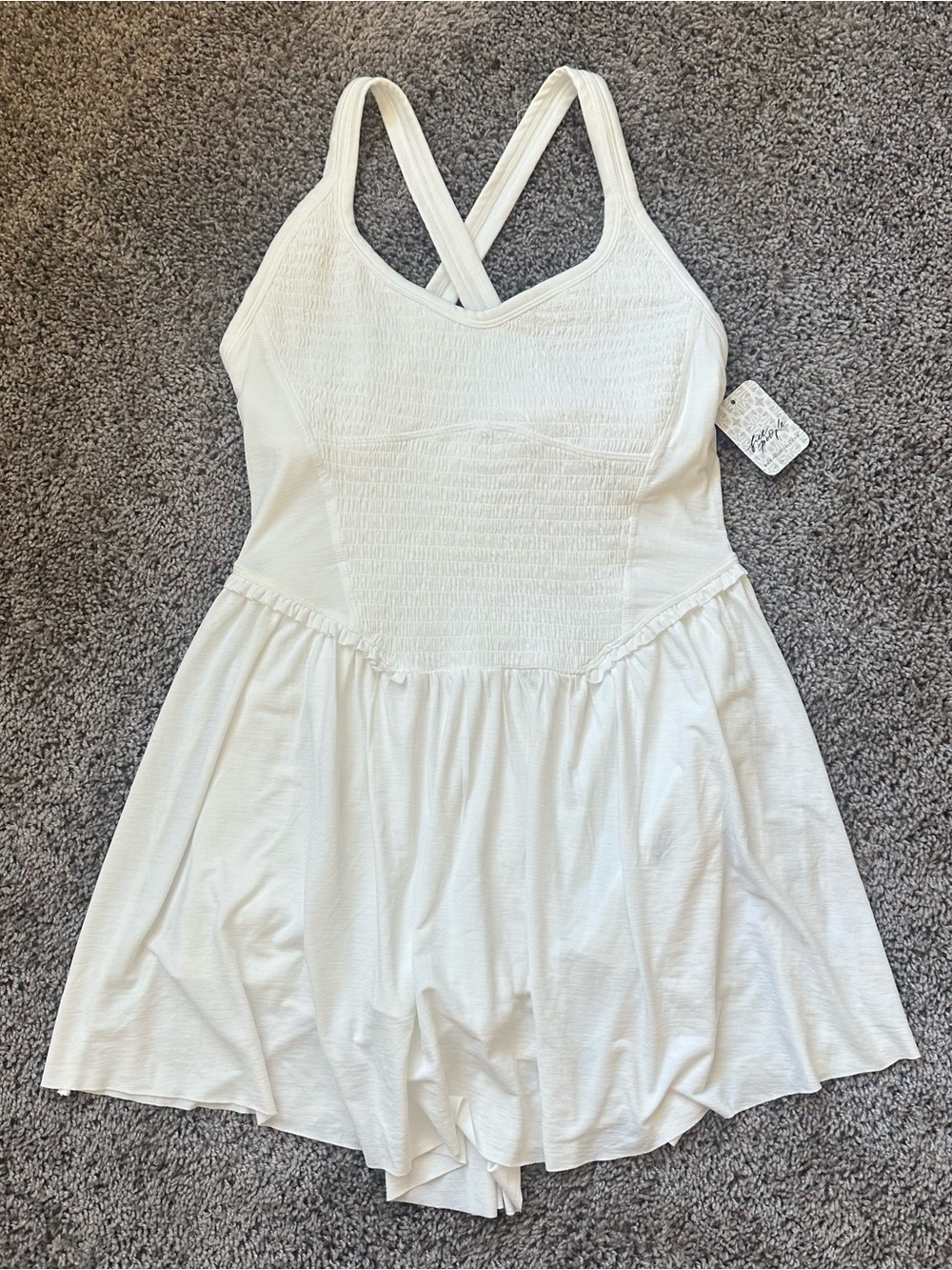 Free People Cream Smocked Mini Dress with Crossback Straps